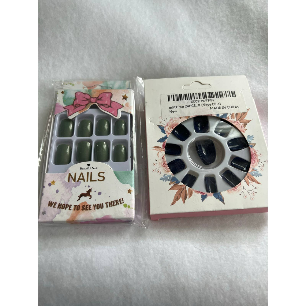 LOT OF 2 SET OF 24 PRESS ON NAILS FULL COVERAGE NAVY BLUE/OLIVE GREEN